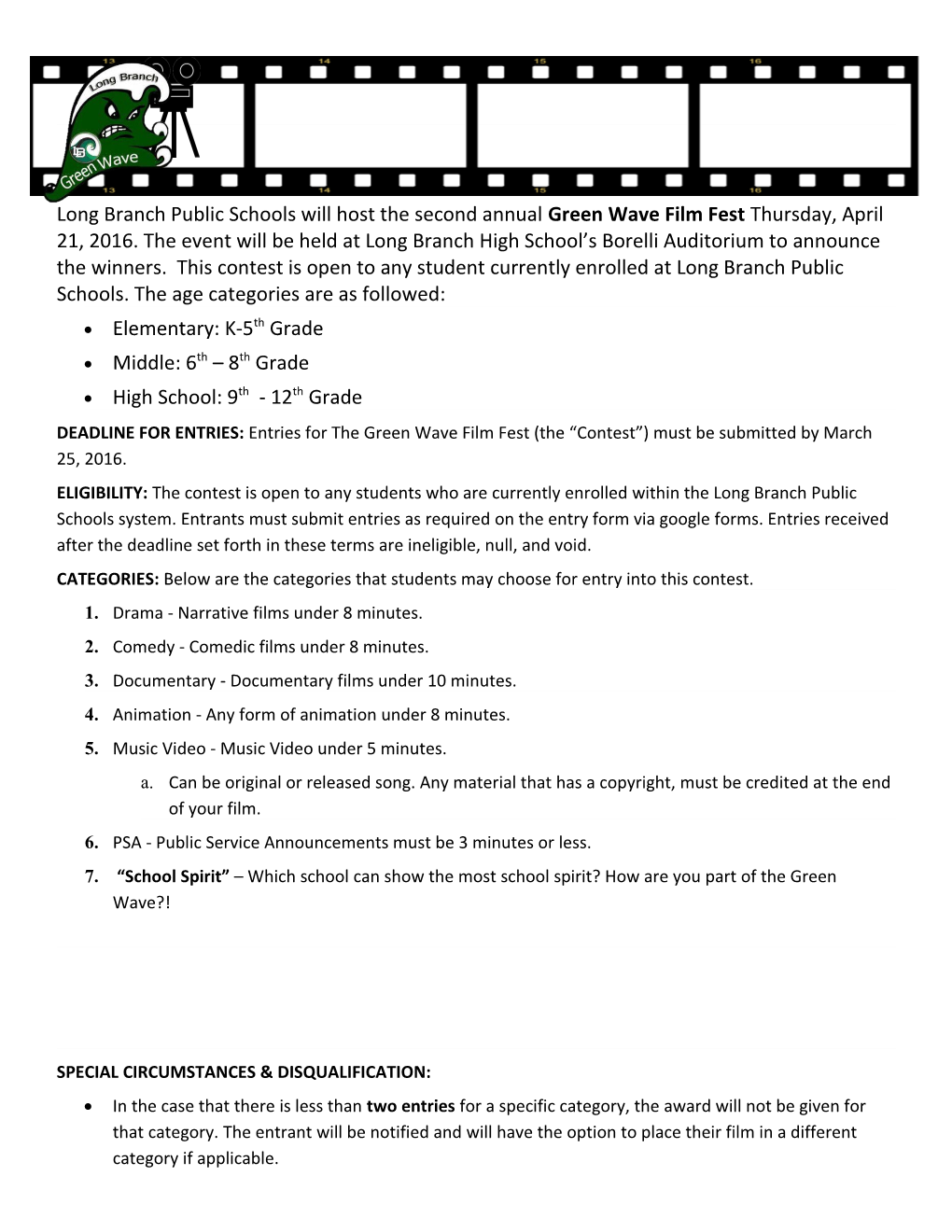 Long Branch Public Schools Will Host the Second Annual Green Wave Film Fest Thursday,April