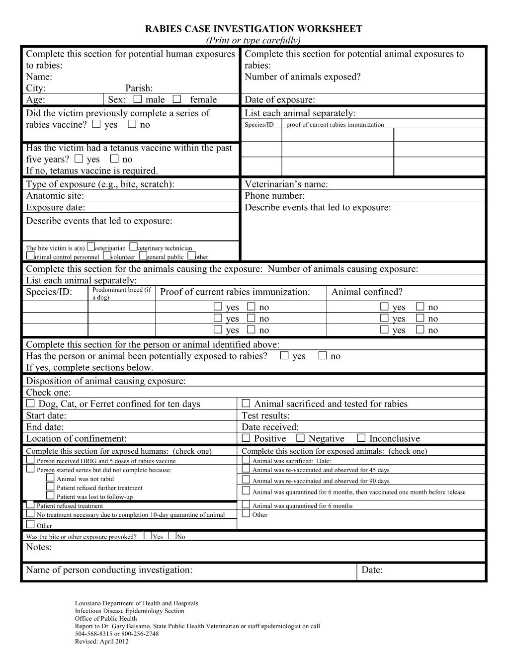 Rabies Case Investigation Worksheet