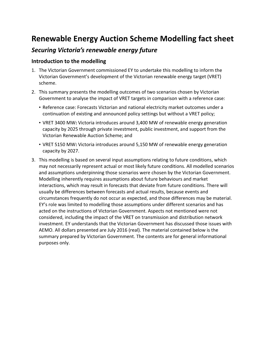 Renewable Energy Auction Scheme Modelling Fact Sheet