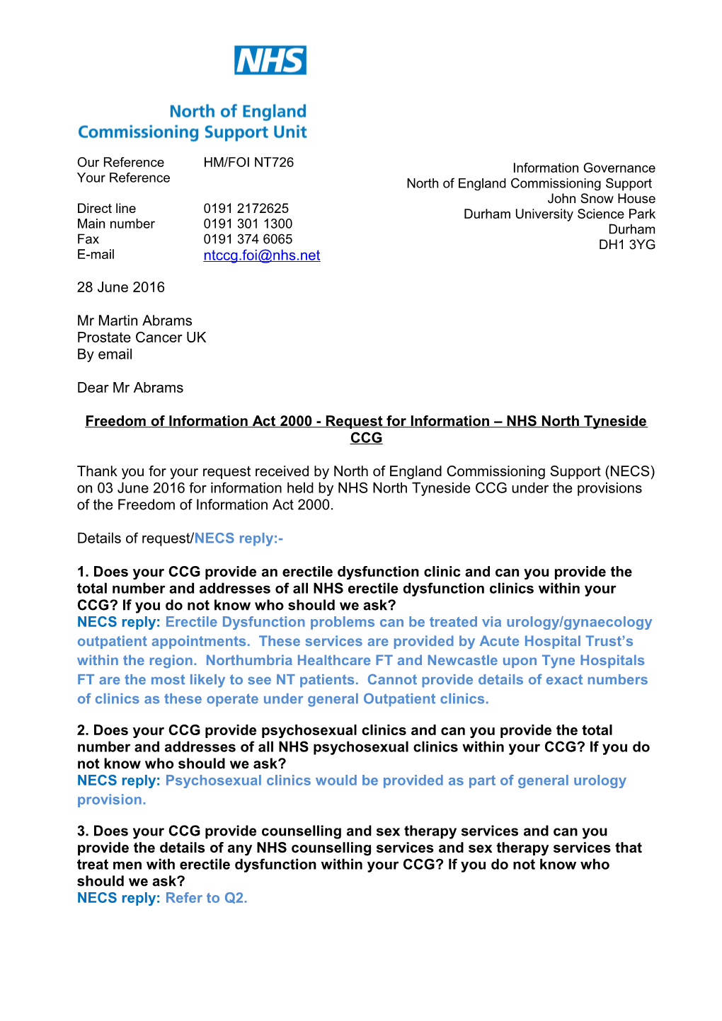 Freedom of Information Act 2000 - Request for Information NHS North Tyneside CCG
