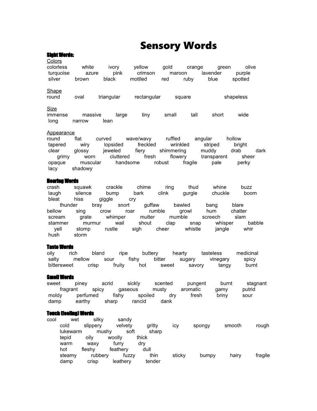 Action Word List