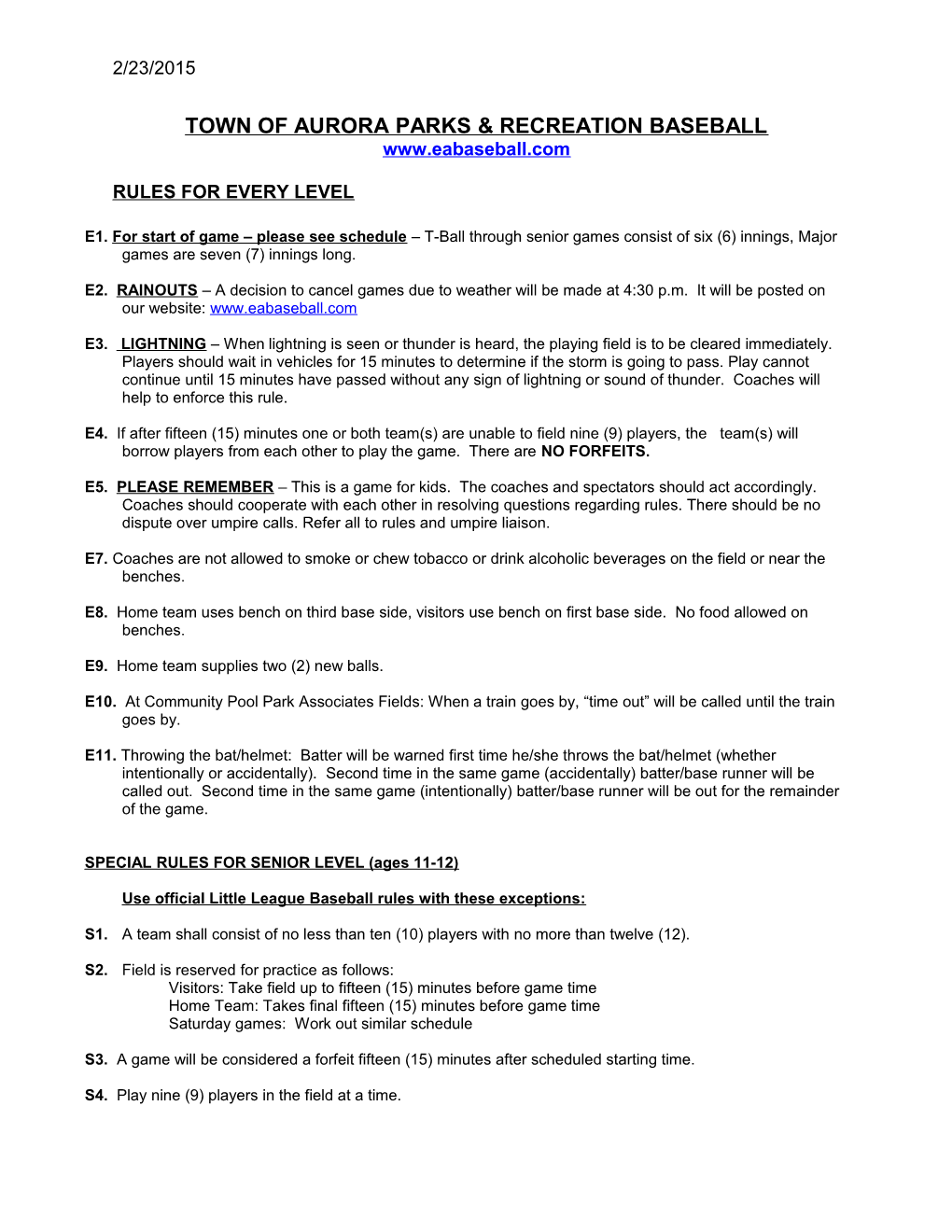 Town of Aurora Baseball Rules for Every Level