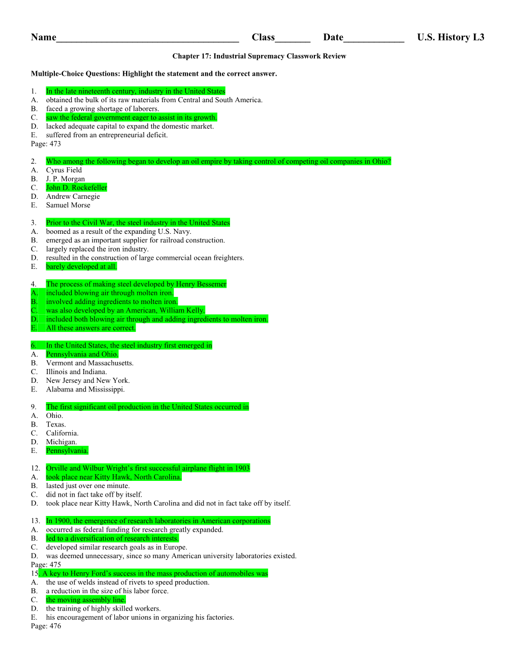 Chapter 17: Industrial Supremacy Classwork Review