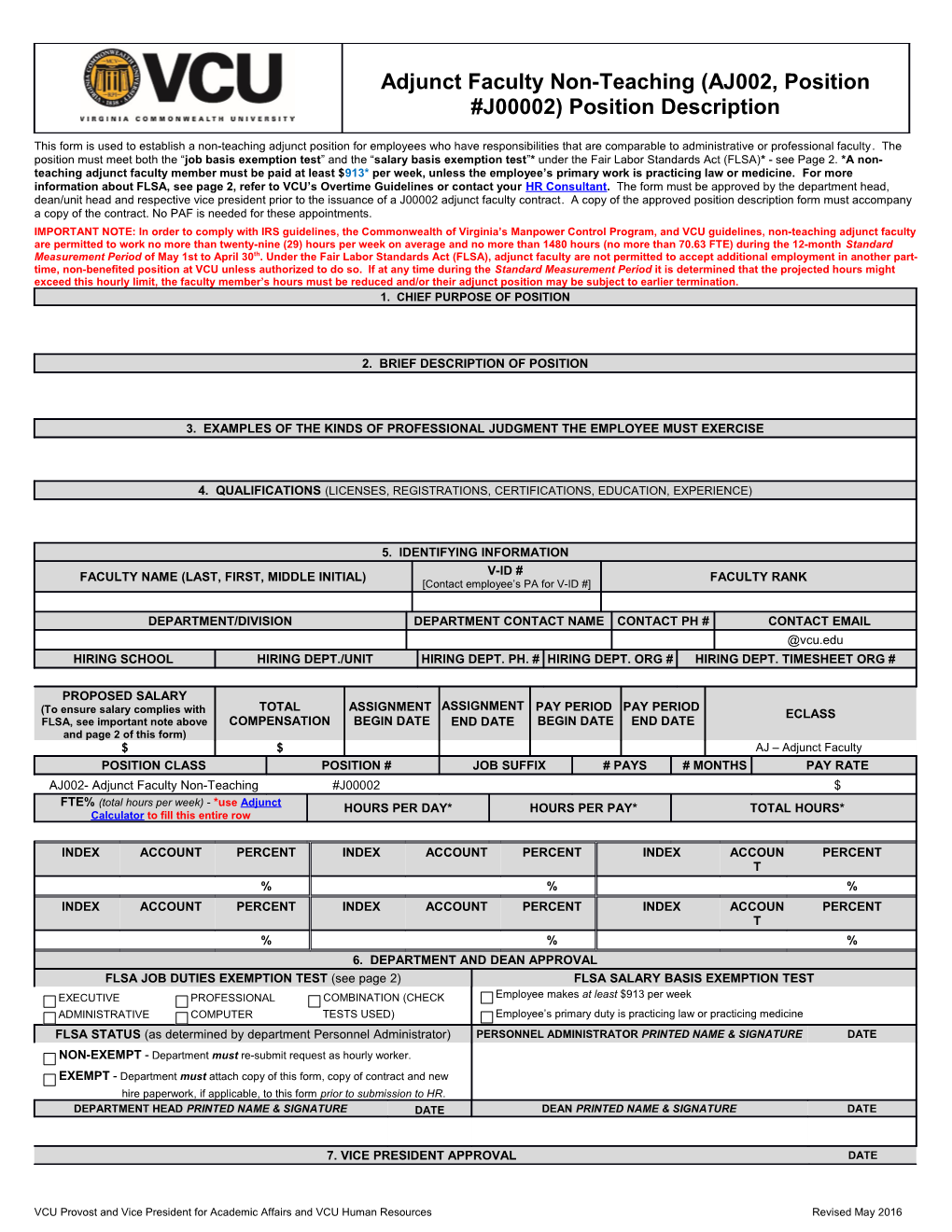 Adjunct Faculty Non-Teaching (AJ002, Position #J00002) Position Description