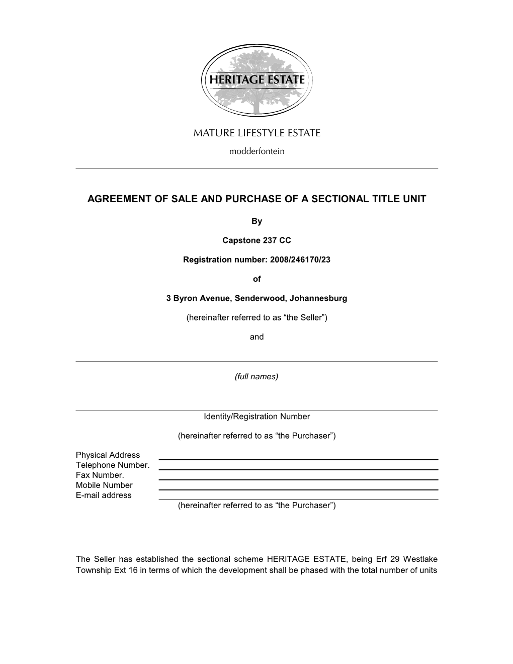Agreement of Sale and Purchase of a Sectional Title Unit