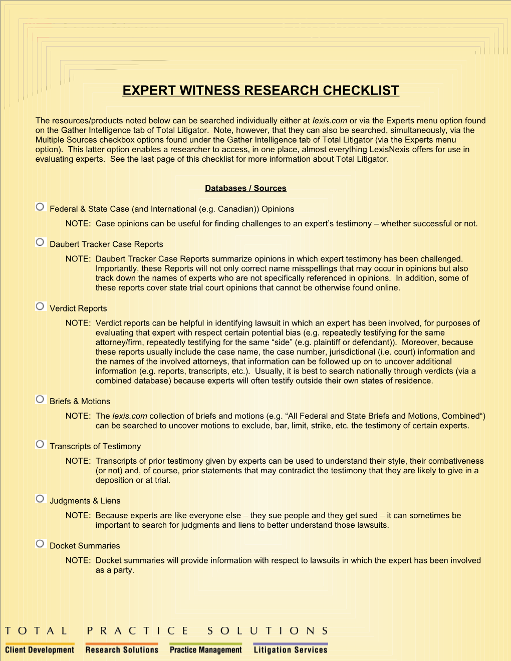 Expert Witness Research Checklist
