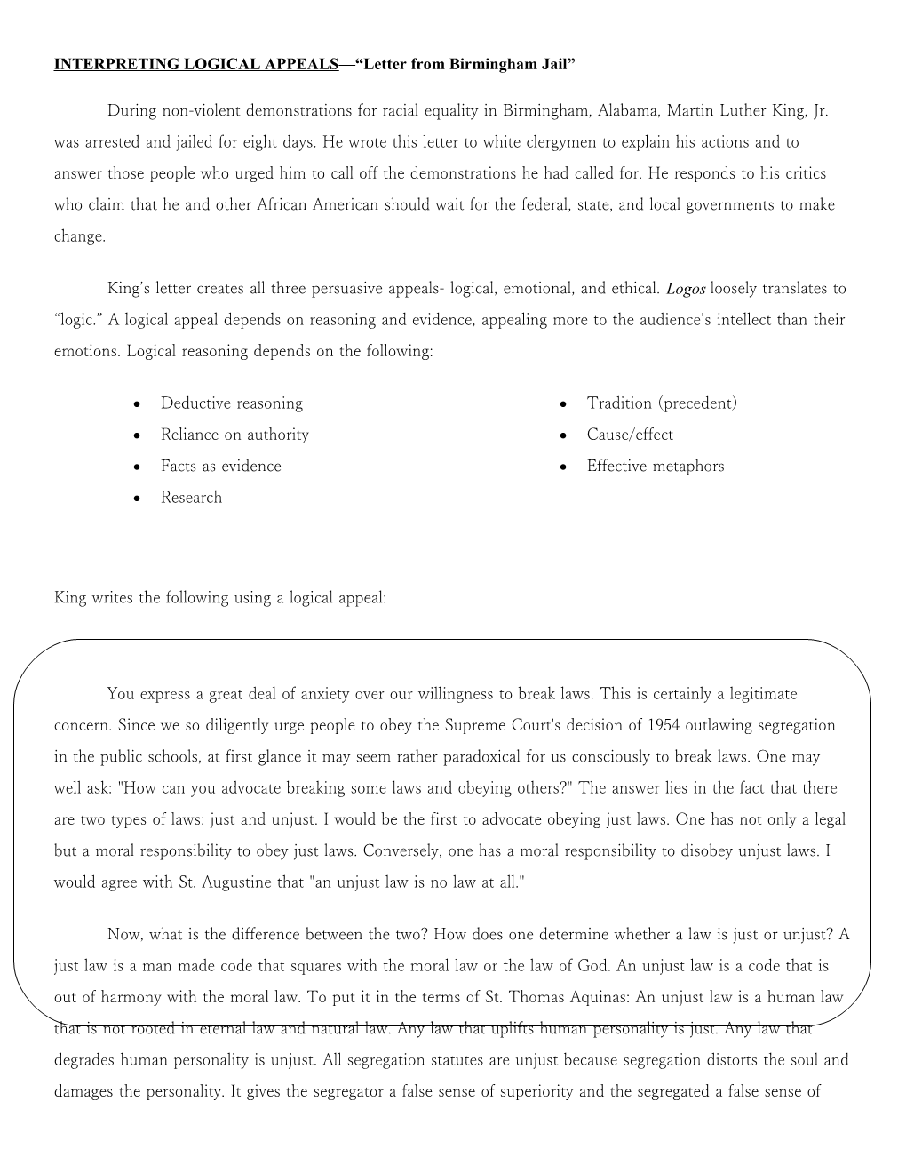 INTERPRETING EMOTIONAL APPEALS Letter from Birmingham Jail