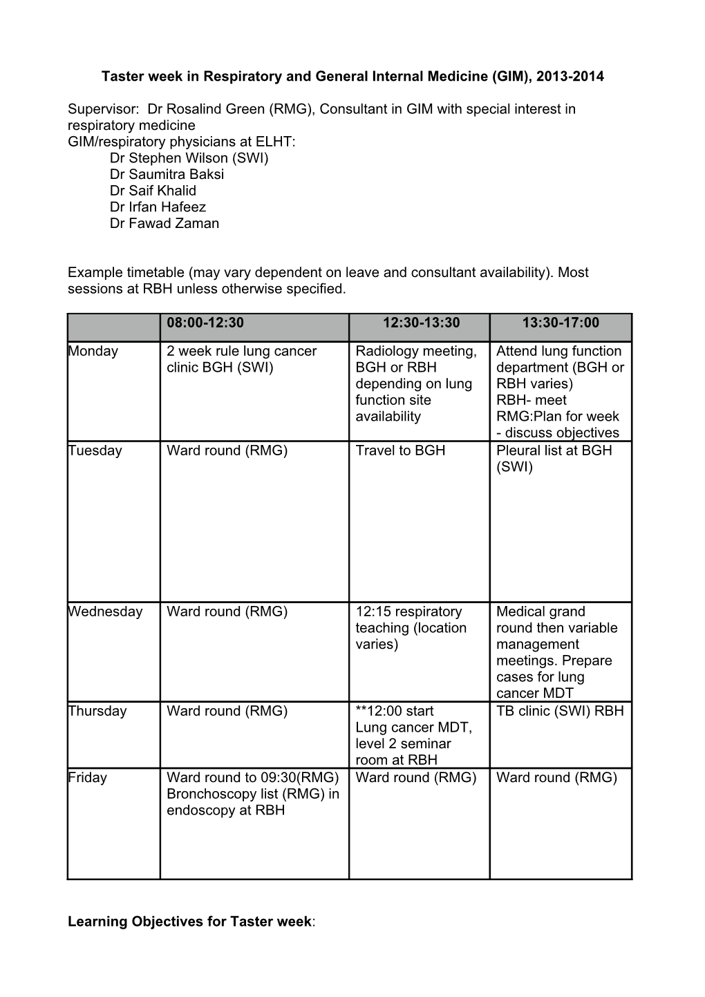 Taster Week in Respiratory and General Internal Medicine (GIM), 2013-2014