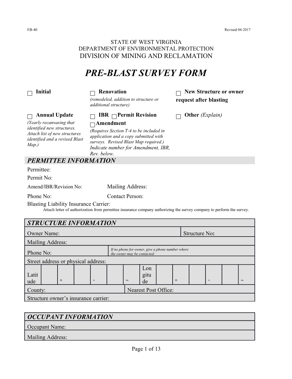 Pre-Blast Survey Form