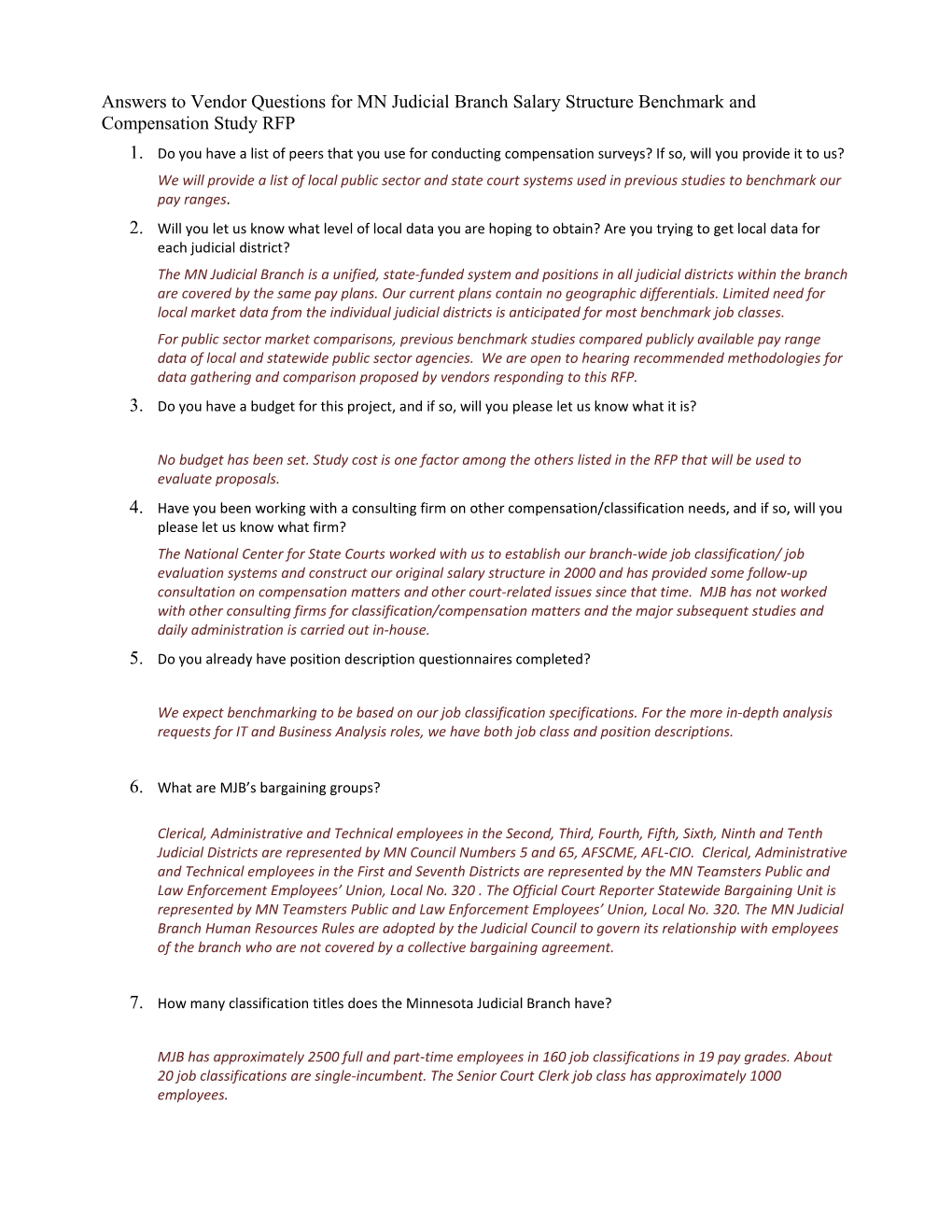 Answers to Vendor Questions for MN Judicial Branch Salary Structure Benchmark and Compensation