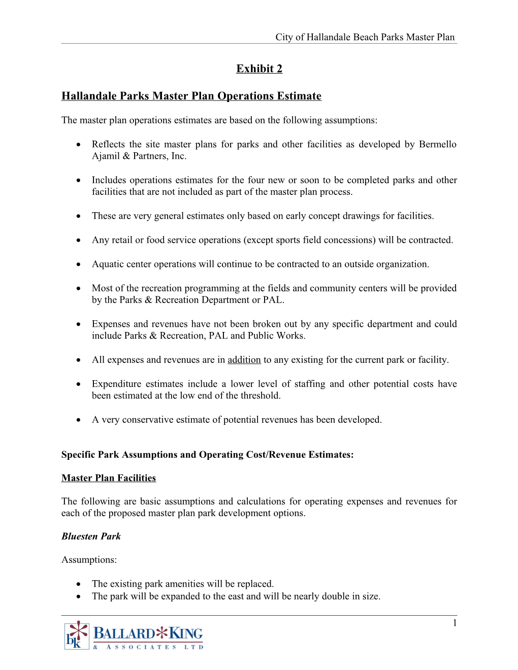 Hallandaleparks Master Plan Operations Estimate