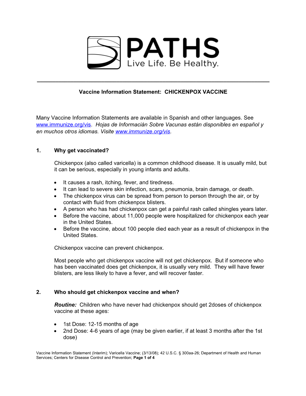 Vaccine Information Statement: CHICKENPOX VACCINE