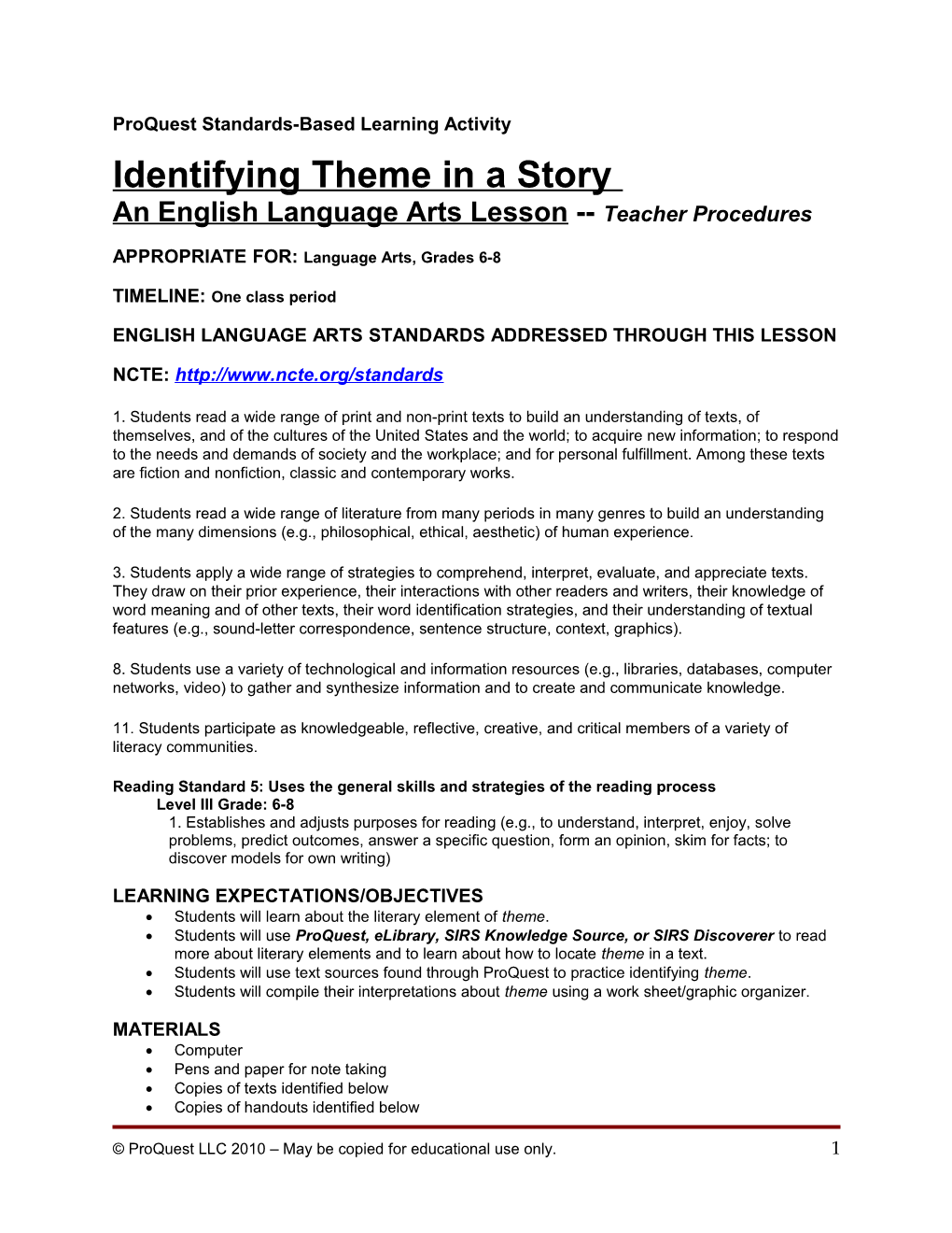 Lesson Plan: Language Arts 6-8 Story Themes