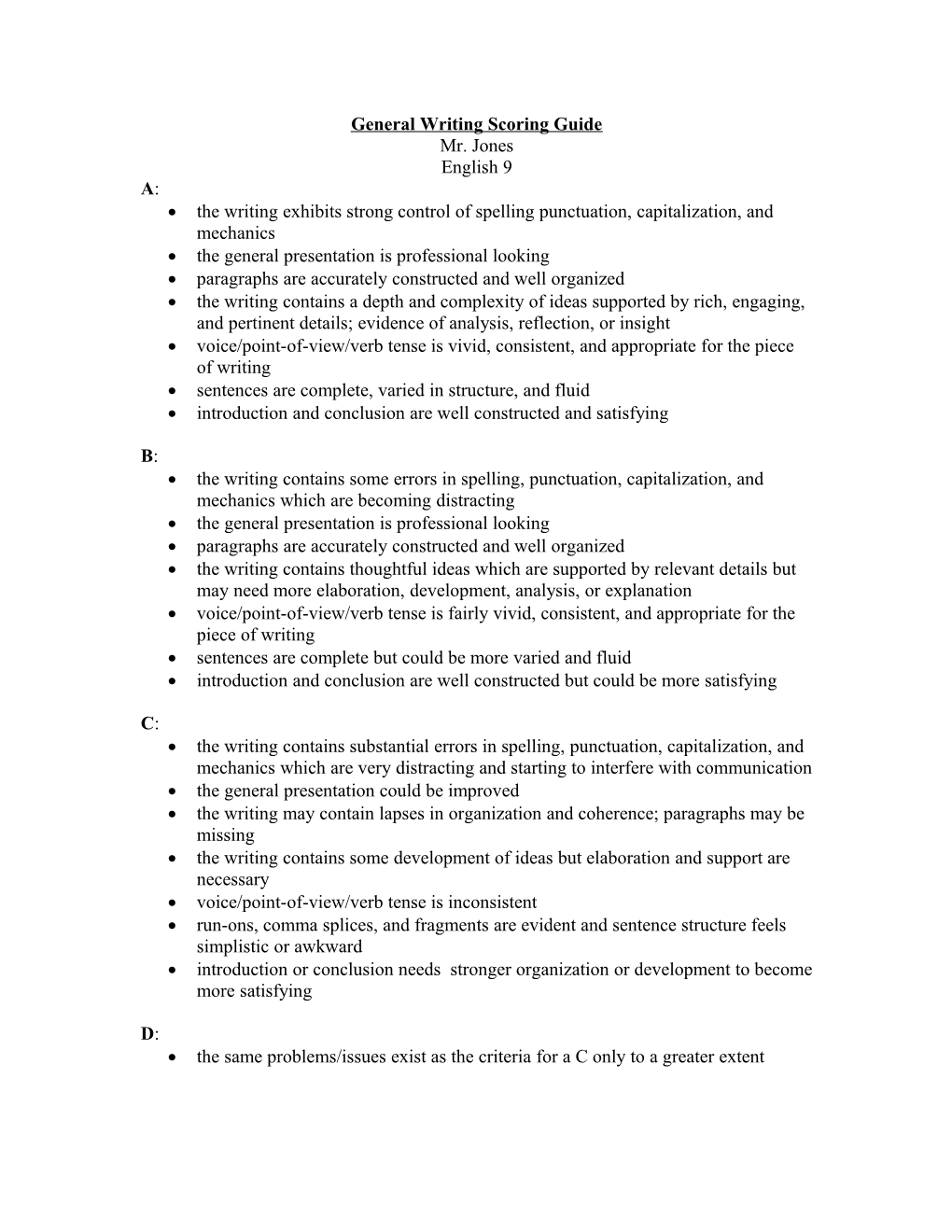 General Writing Evaluation Rubric