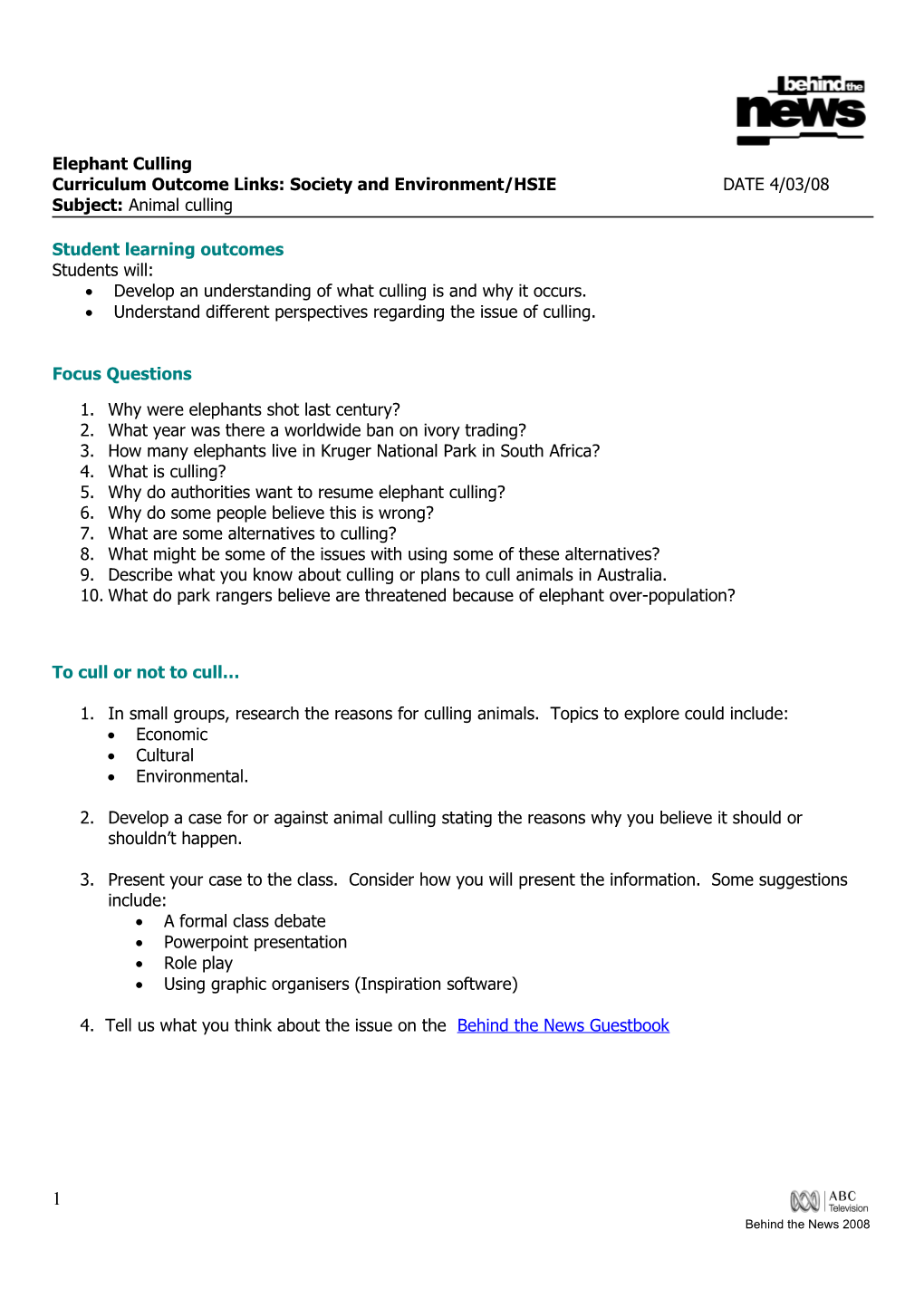 Curriculum Outcome Links: Society and Environment/HSIE DATE 4/03/08