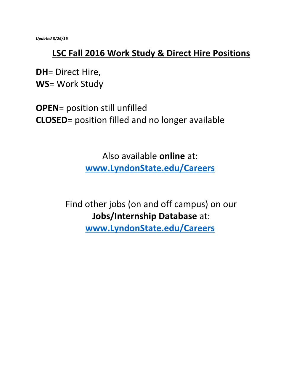 LSC Fall 2016 Work Study & Direct Hire Positions