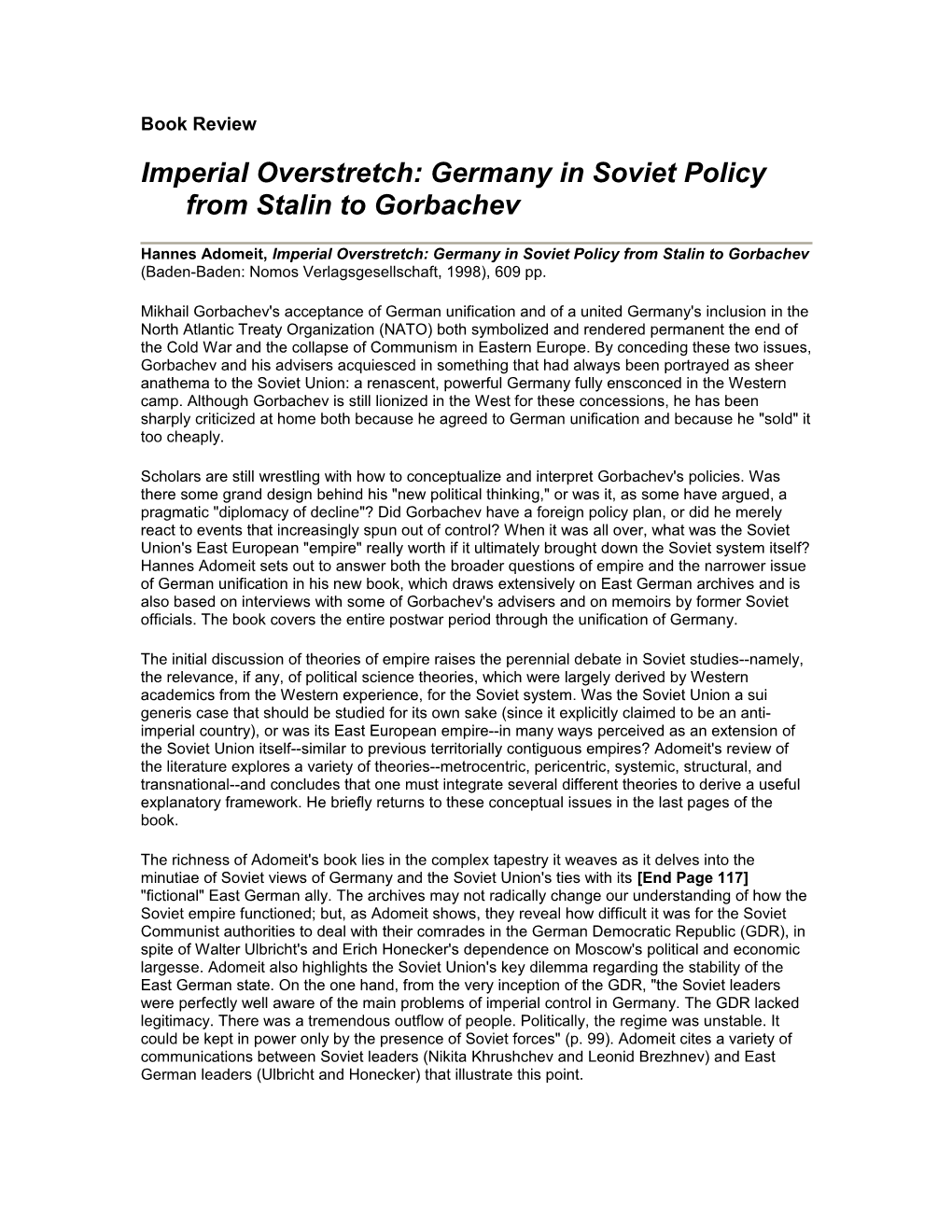 Imperial Overstretch: Germany in Soviet Policy from Stalin to Gorbachev