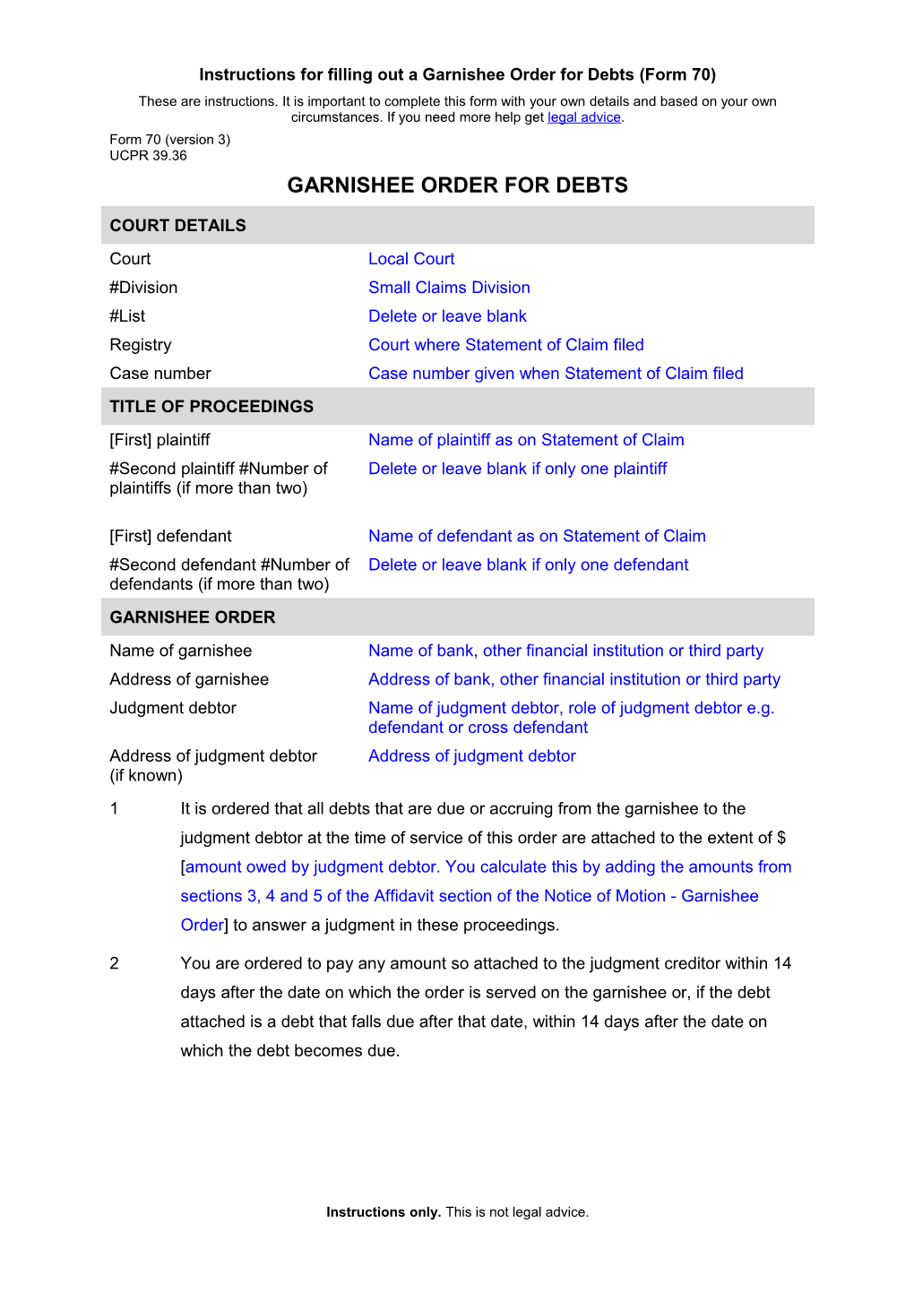 NSW UCPR Form 70 (Version 2) - Garnishee Order for Debts