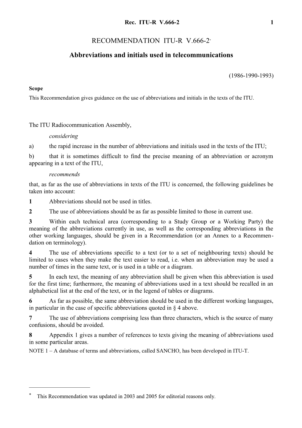 RECOMMENDATION ITU-R V.666-2* - Abbreviations and Initials Used in Telecommunications