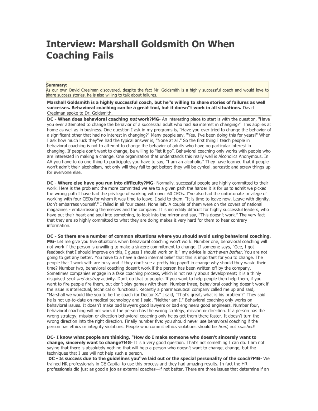 Interview: Marshall Goldsmith on When Coaching Fails