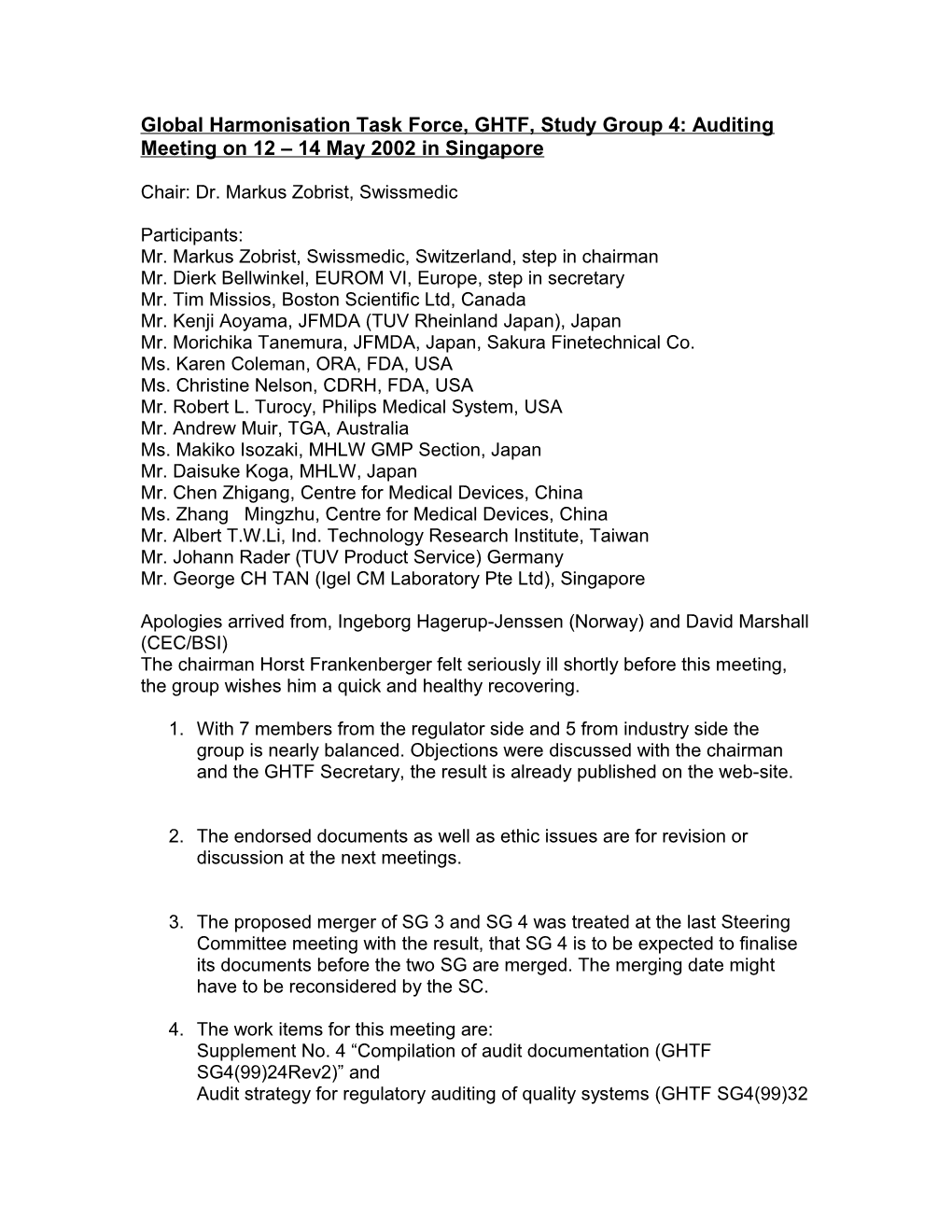 GHTF SG4 Auditing Meeting Minutes - May 2002