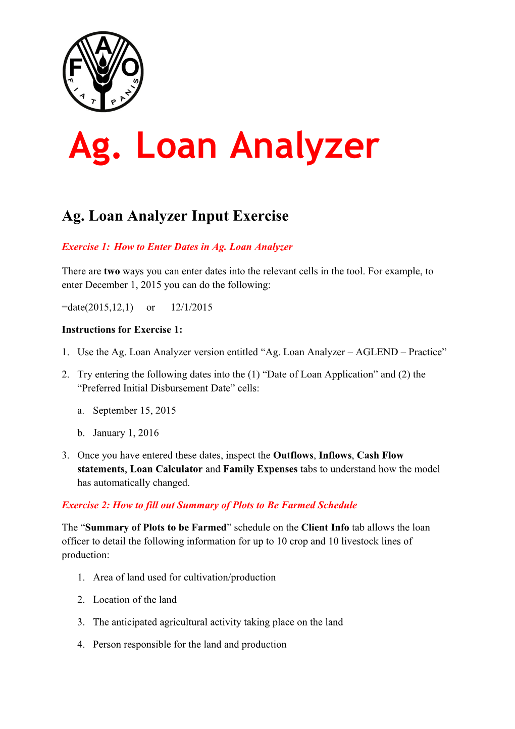 Ag. Loan Analyzer Input Exercise