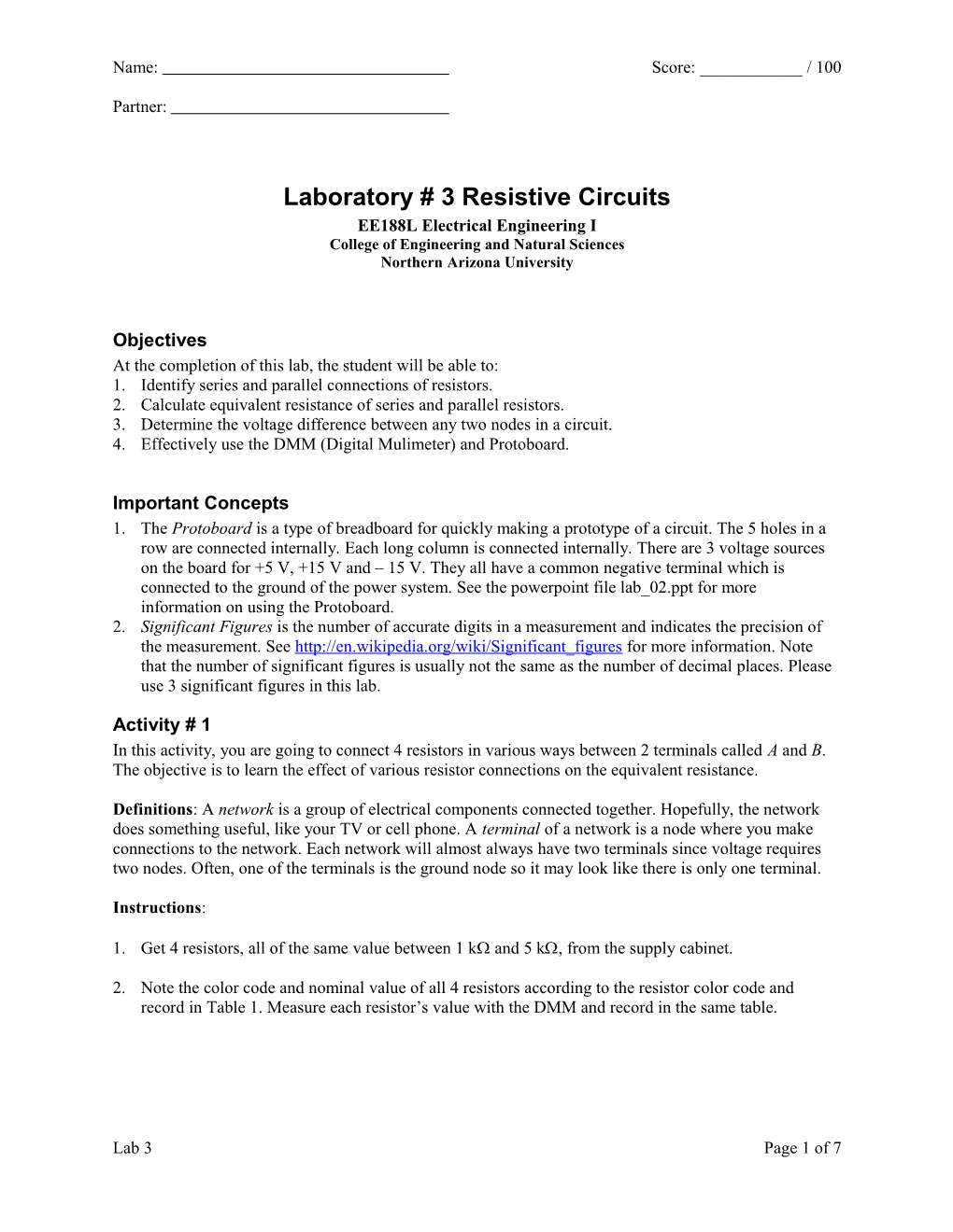 Laboratory # 2 Resistive Circuits