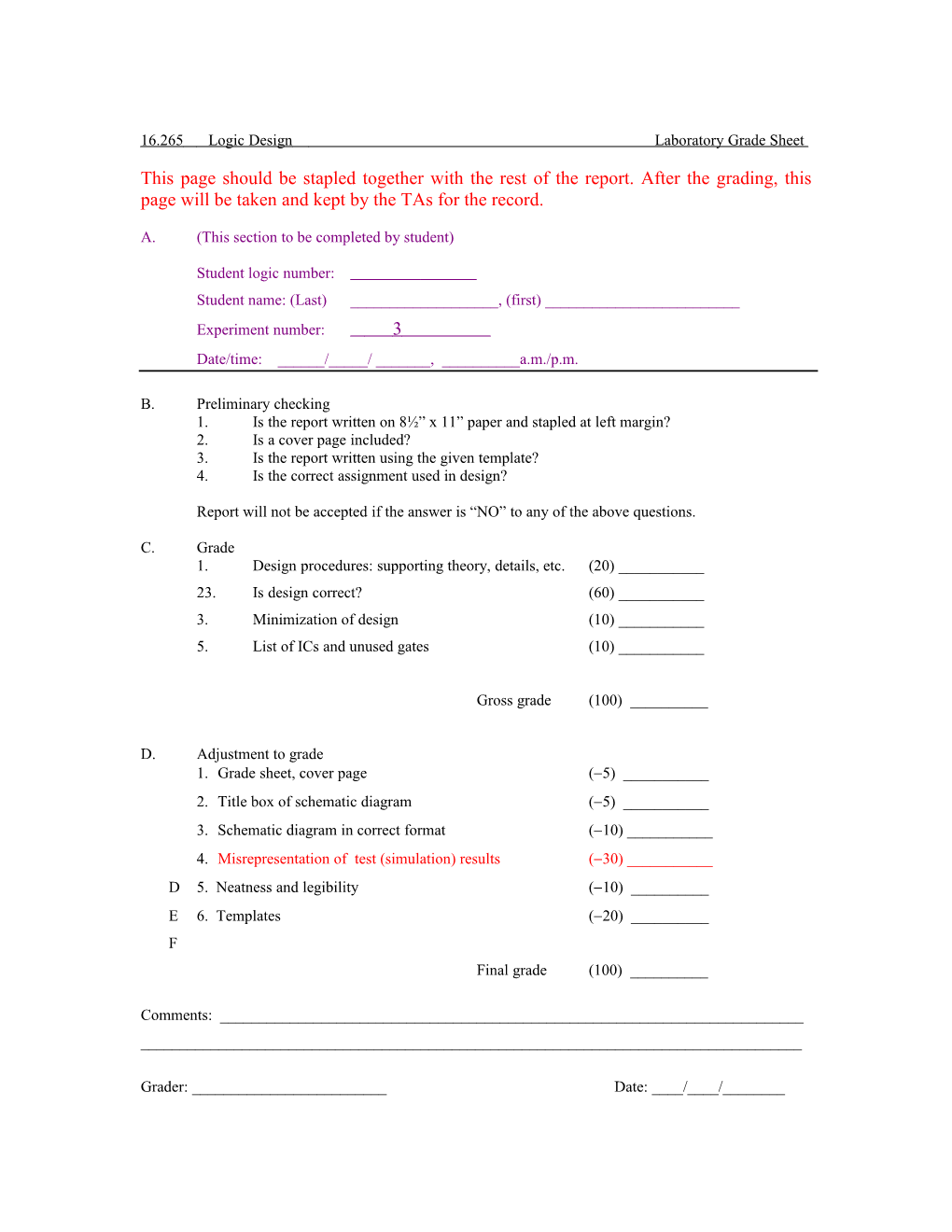 16.265 Logic Design Laboratory Grade Sheet