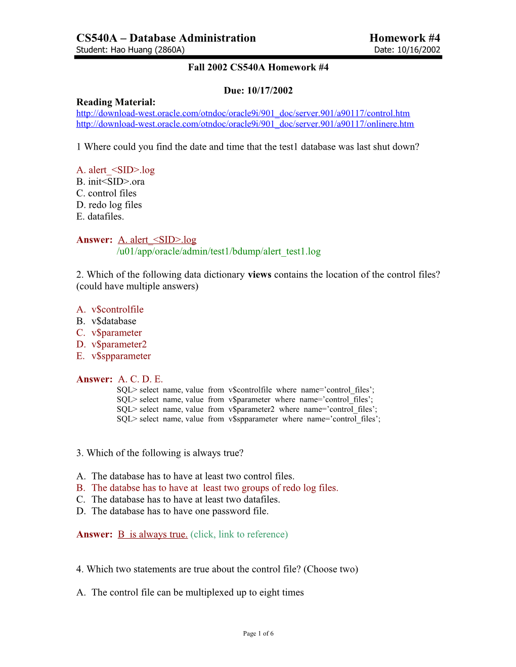 CS540A Database Administration Homework #4