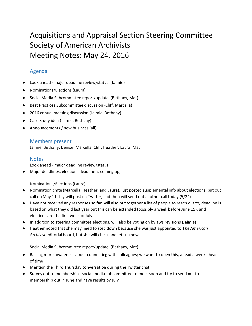 Acquisitions and Appraisal Section Steering Committee Society of American Archivists