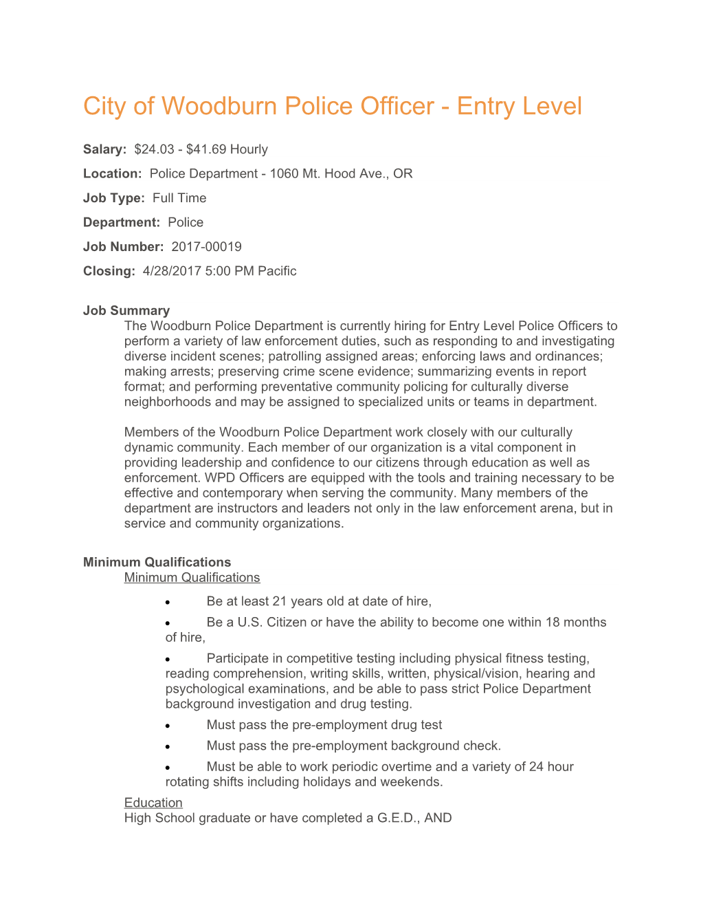 City of Woodburn Police Officer - Entry Level