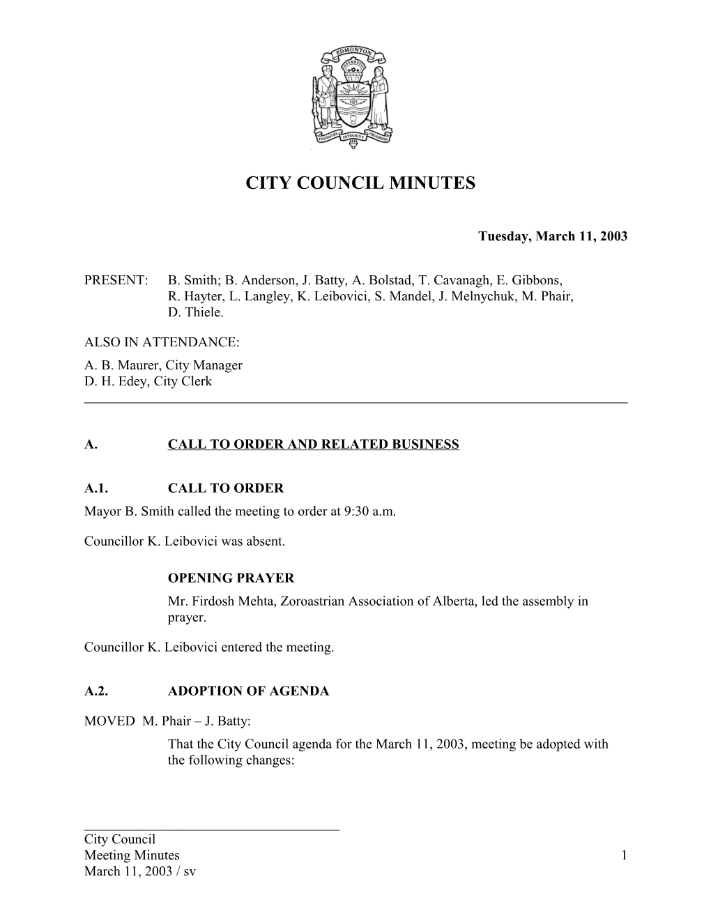 Minutes for City Council March 11, 2003 Meeting
