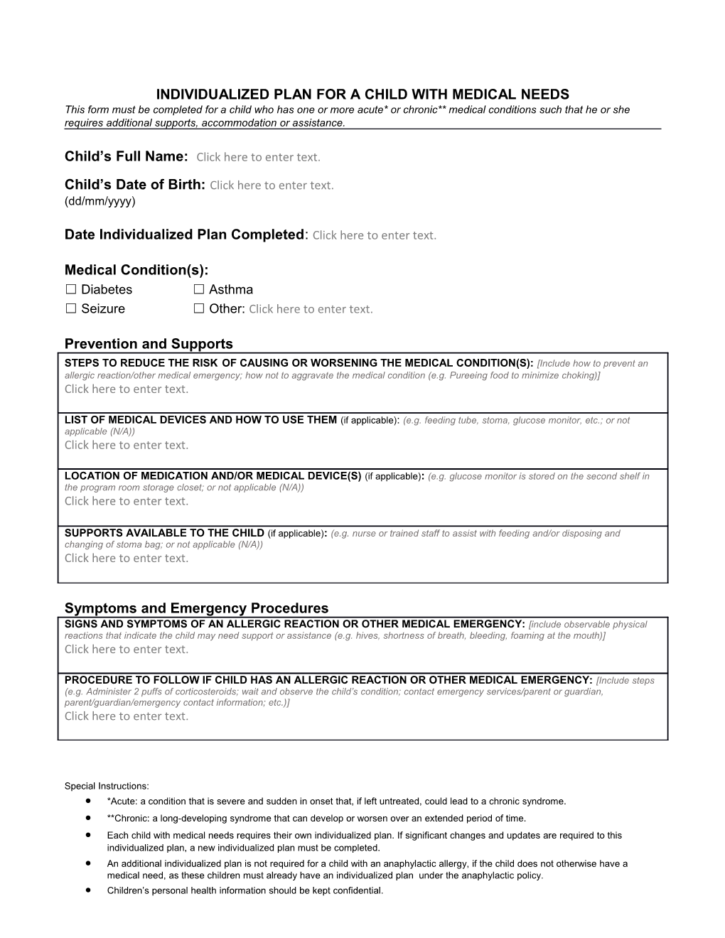 Individualized Plan for a Child with Medical Needs