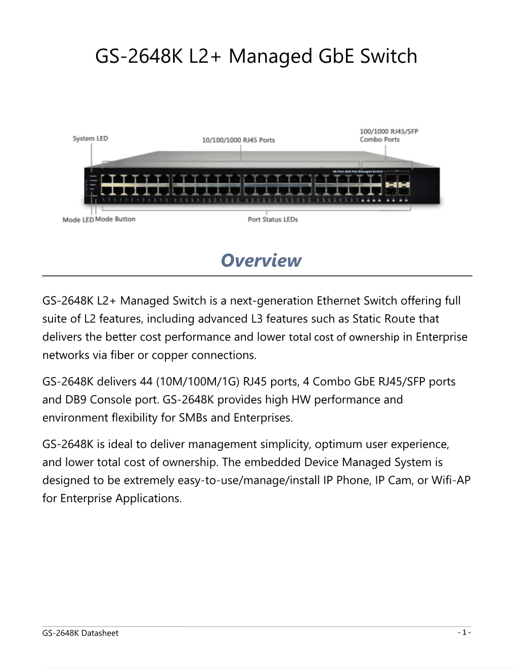 GS-2648K L2+ Managed Gbeswitch