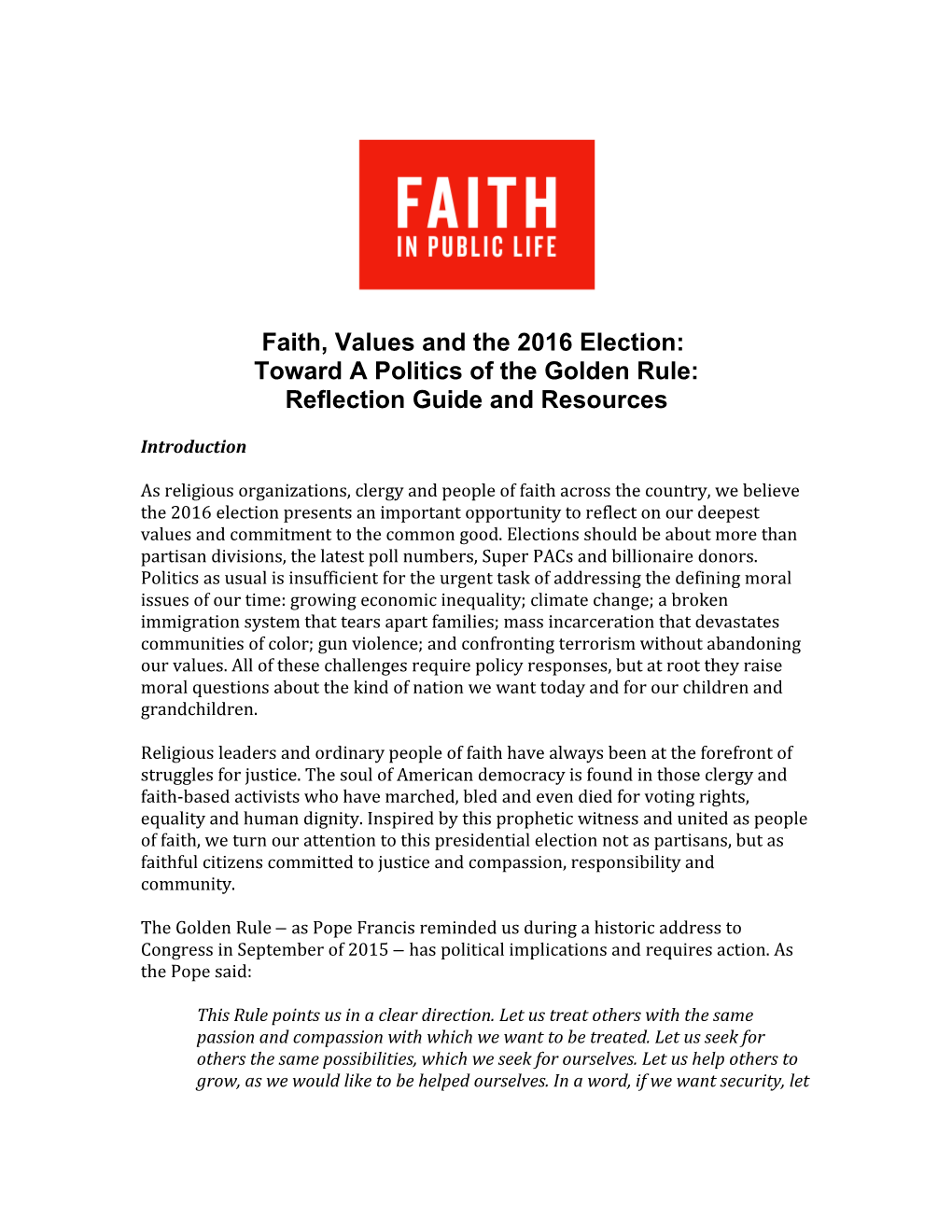 Faith, Values and the 2016 Election