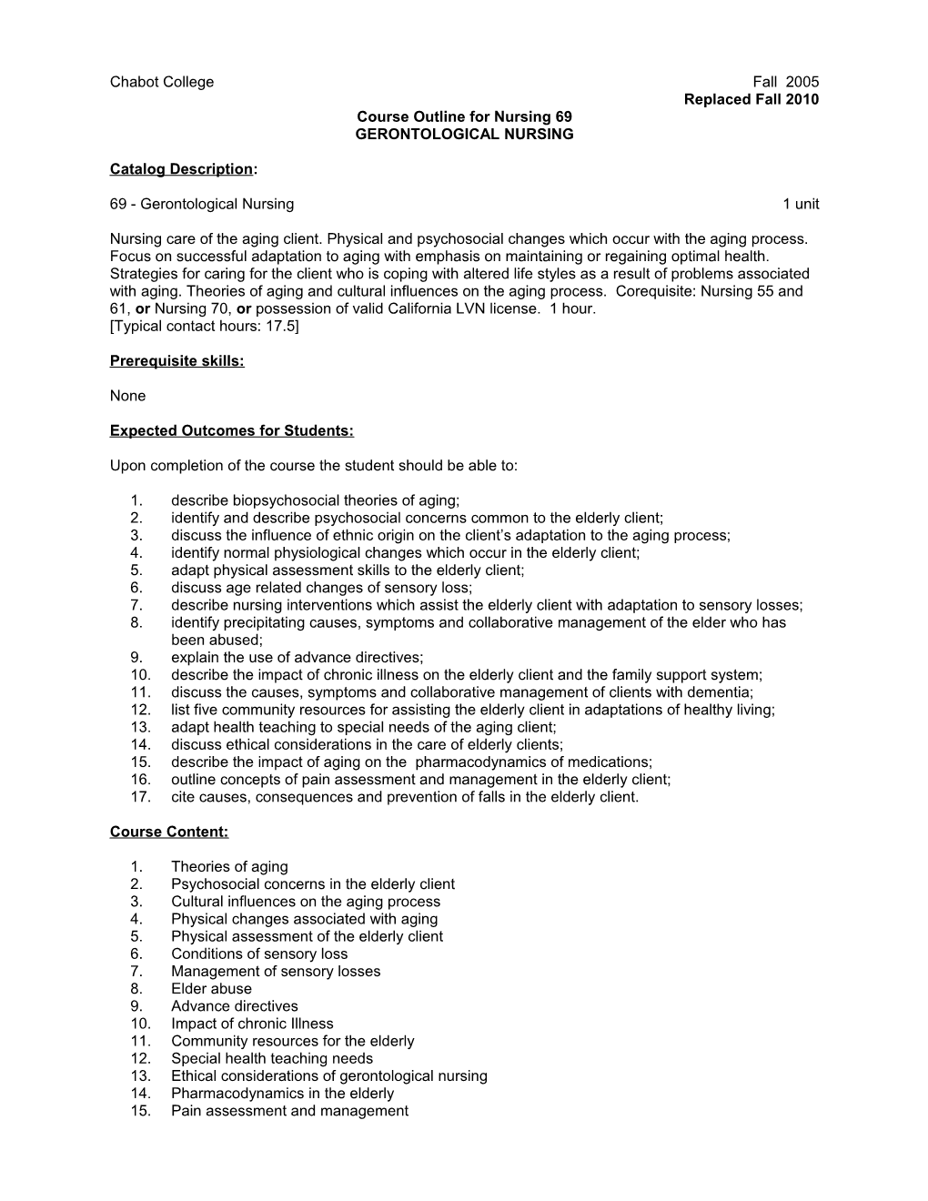 Course Outline for Nursing 69, Page 1