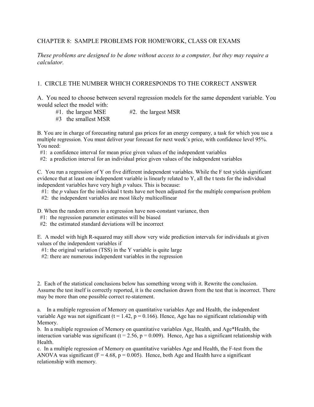 Chapter 8: Sample Problems for Homework, Class Or Exams