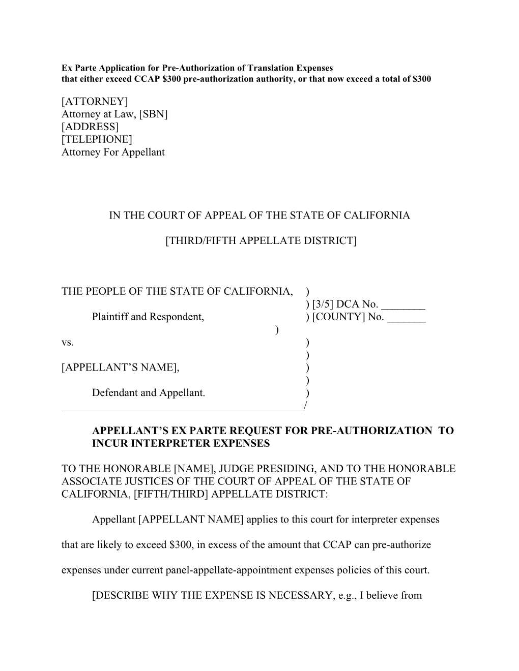 Ex Parte Application for Pre-Authorization of Translation Expenses