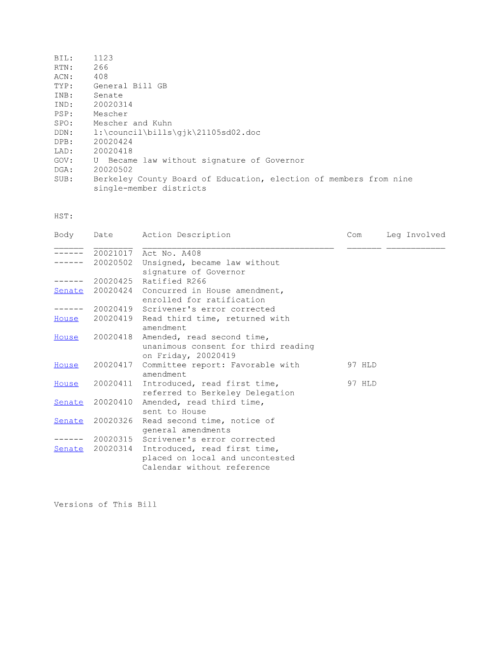 2001-2002 Bill 1123: Berkeley County Board of Education, Election of Members from Nine