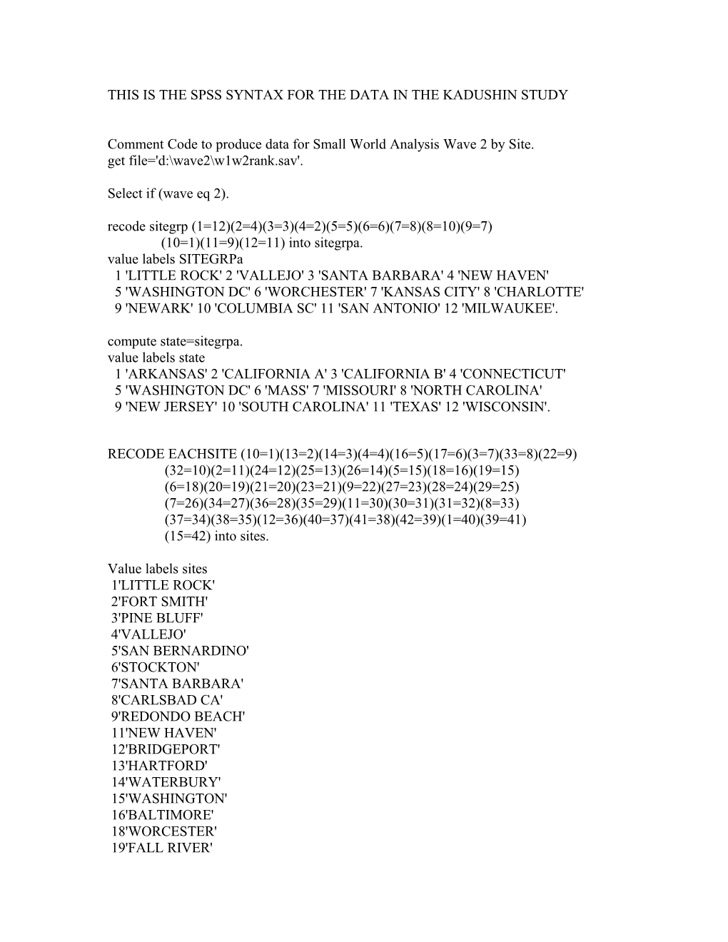 This Is the Spss Syntax for the Data in the Kadushin Study