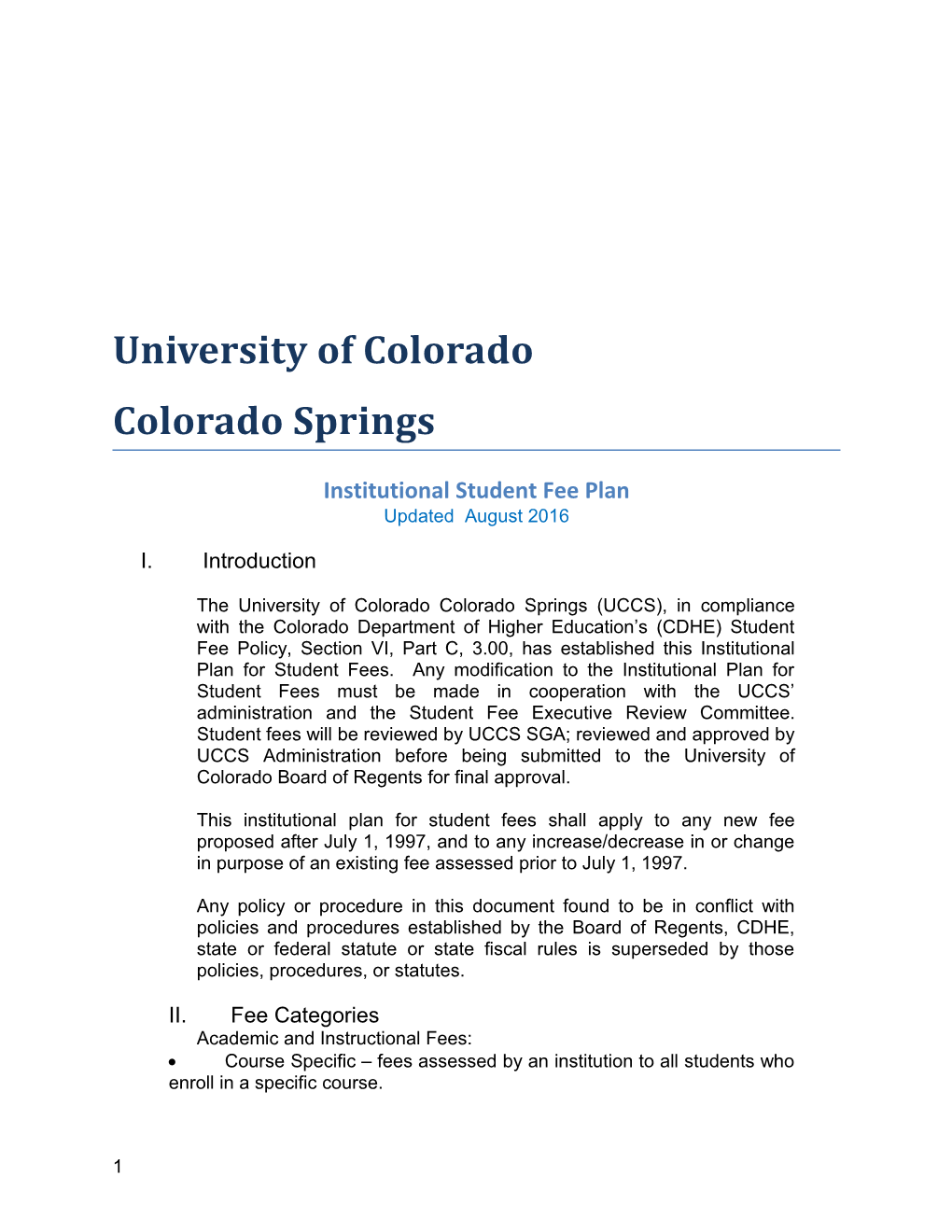 Institutional Student Fee Plan