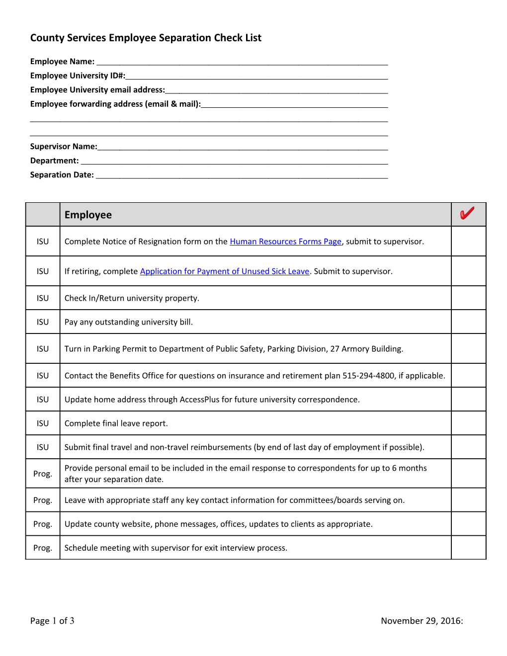 Employee Separation Check List