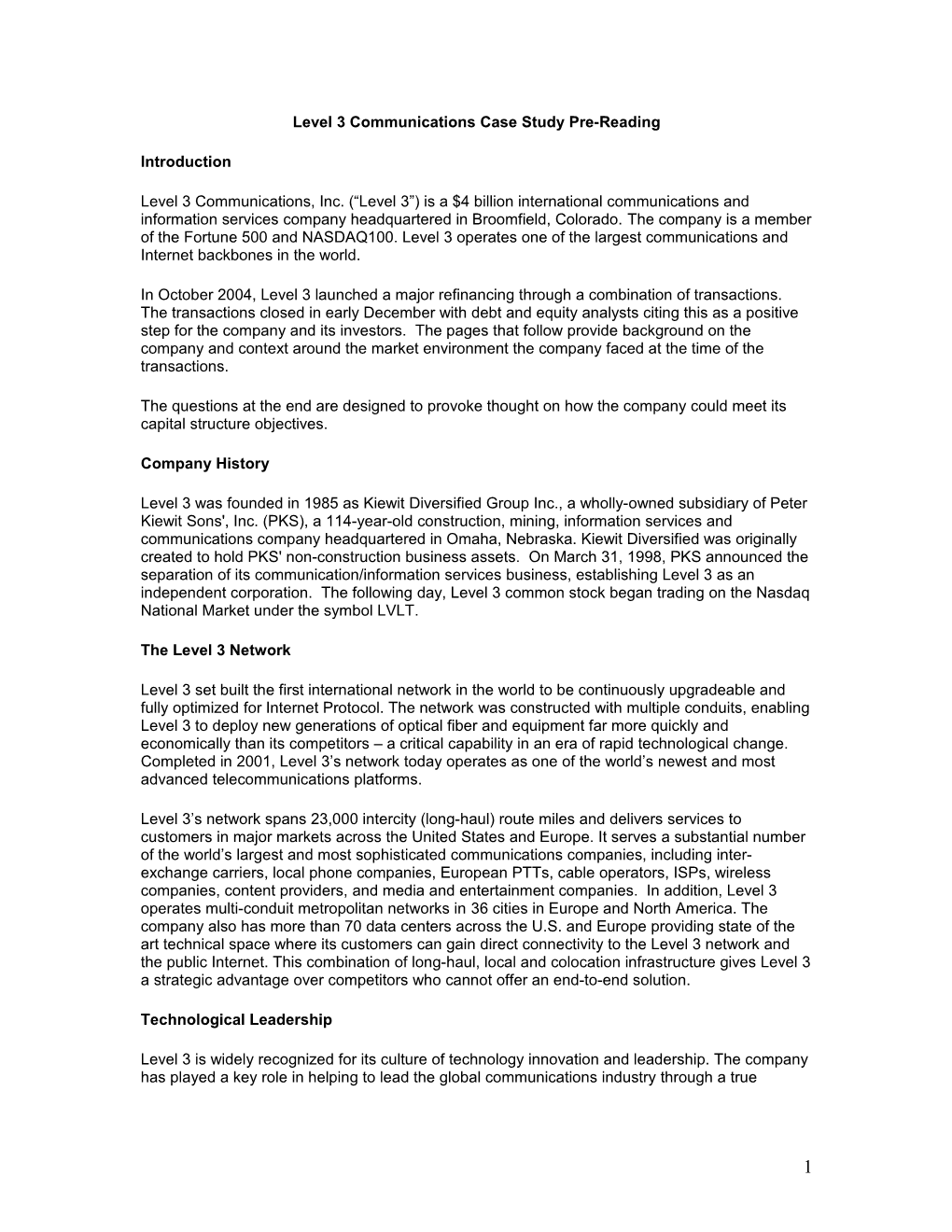 Level 3 Communications Case Study Pre-Reading