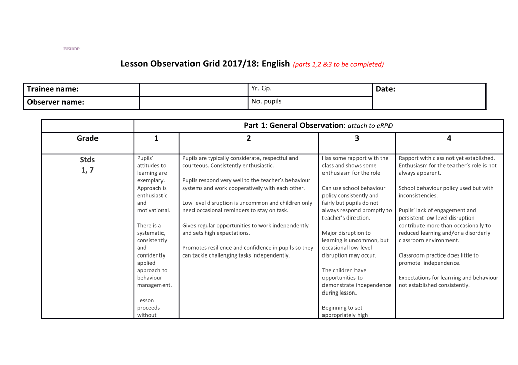 Lesson Observation Grid 2017/18: English (Parts 1,2 &3 to Be Completed)