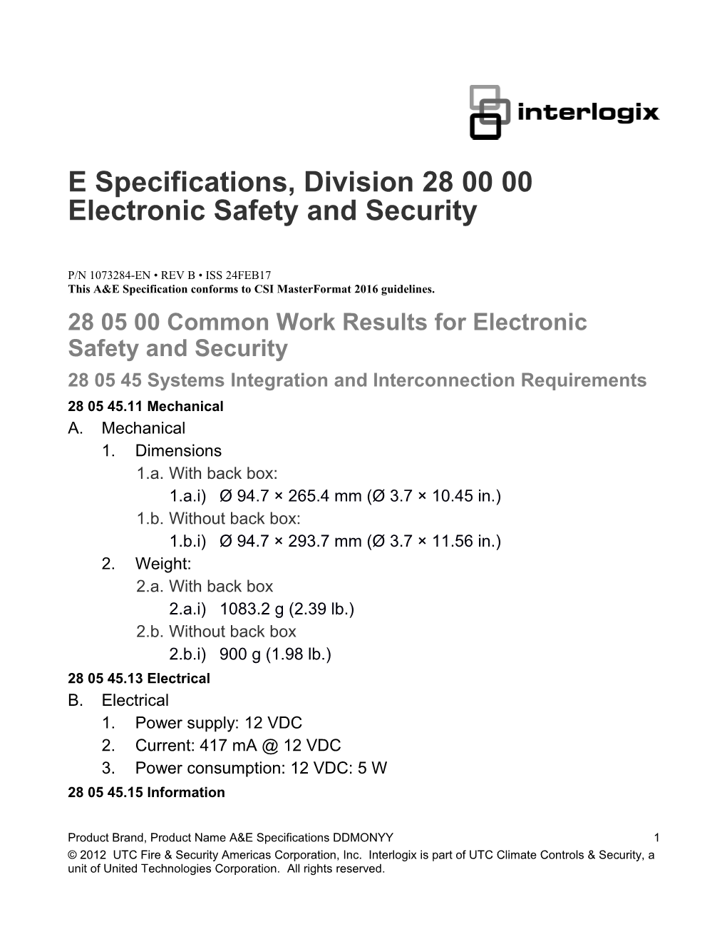 TVB-2407/4407 HD-TVI Bullet Camera A&E Specifications, Division 28 00 00 Electronic Safety