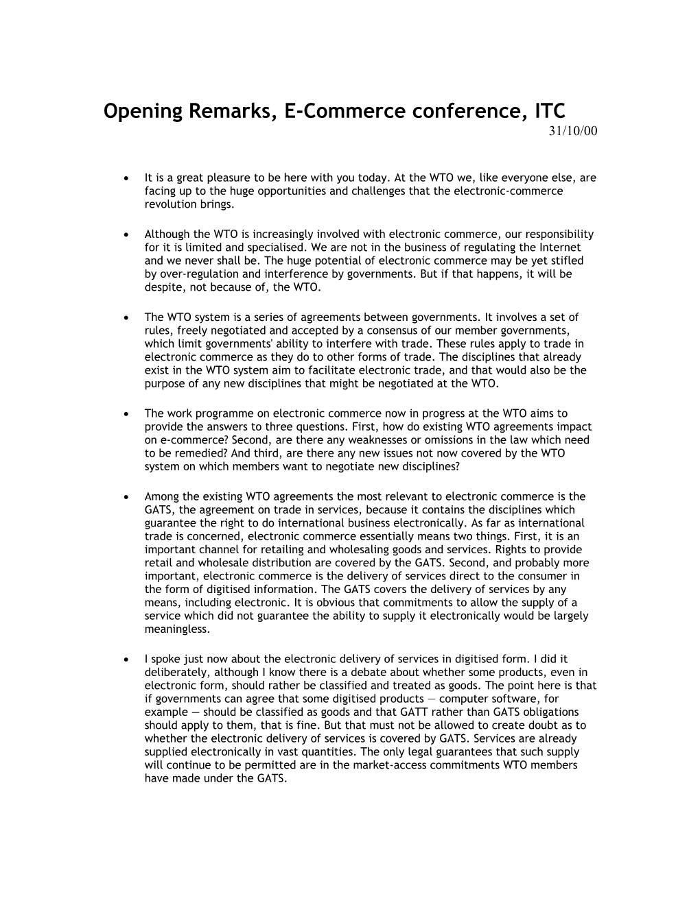 Opening Remarks, E-Commerce Conference, ITC