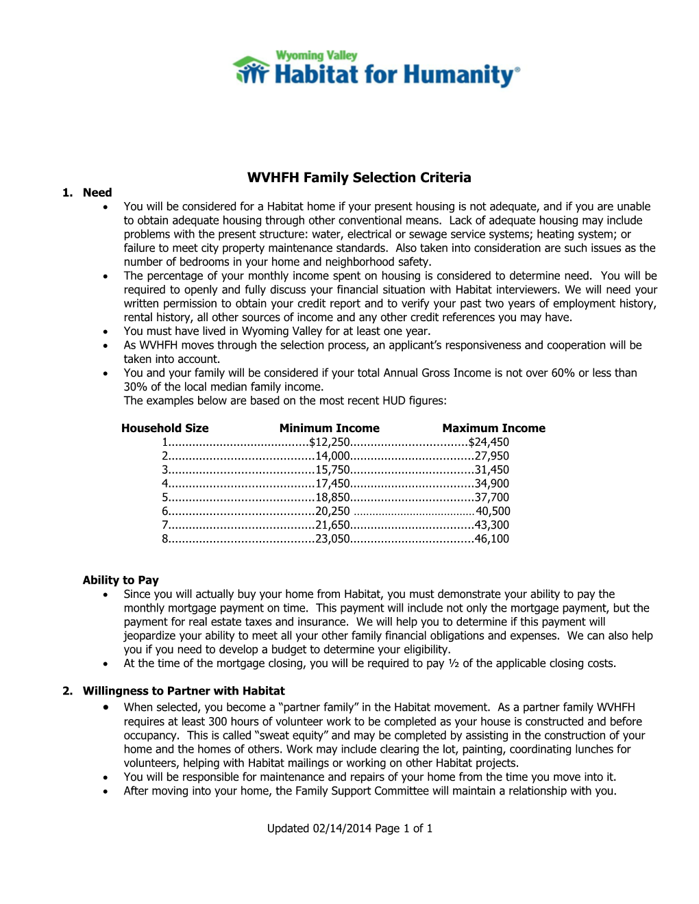 WVHFH Family Selection Criteria