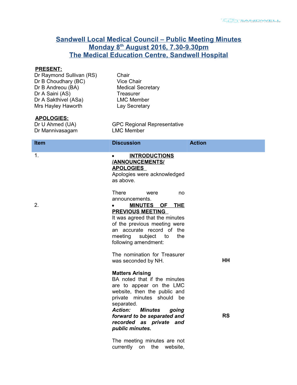 Sandwell Local Medical Council Public Meeting Minutes