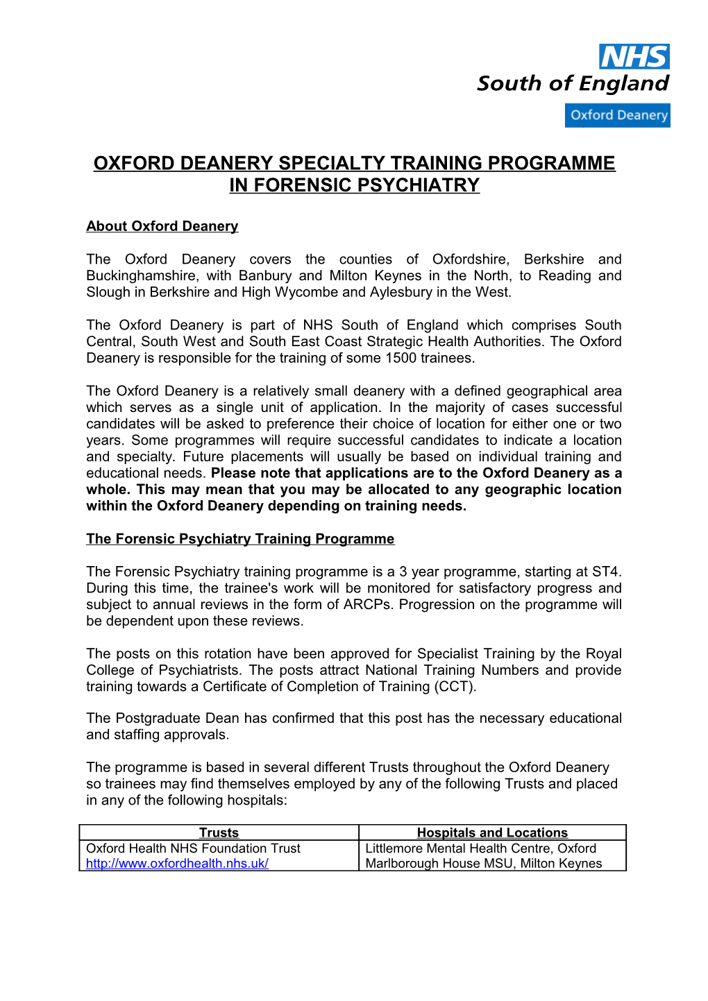 Oxford Deanery Specialty Training Programme in Forensic Psychiatry