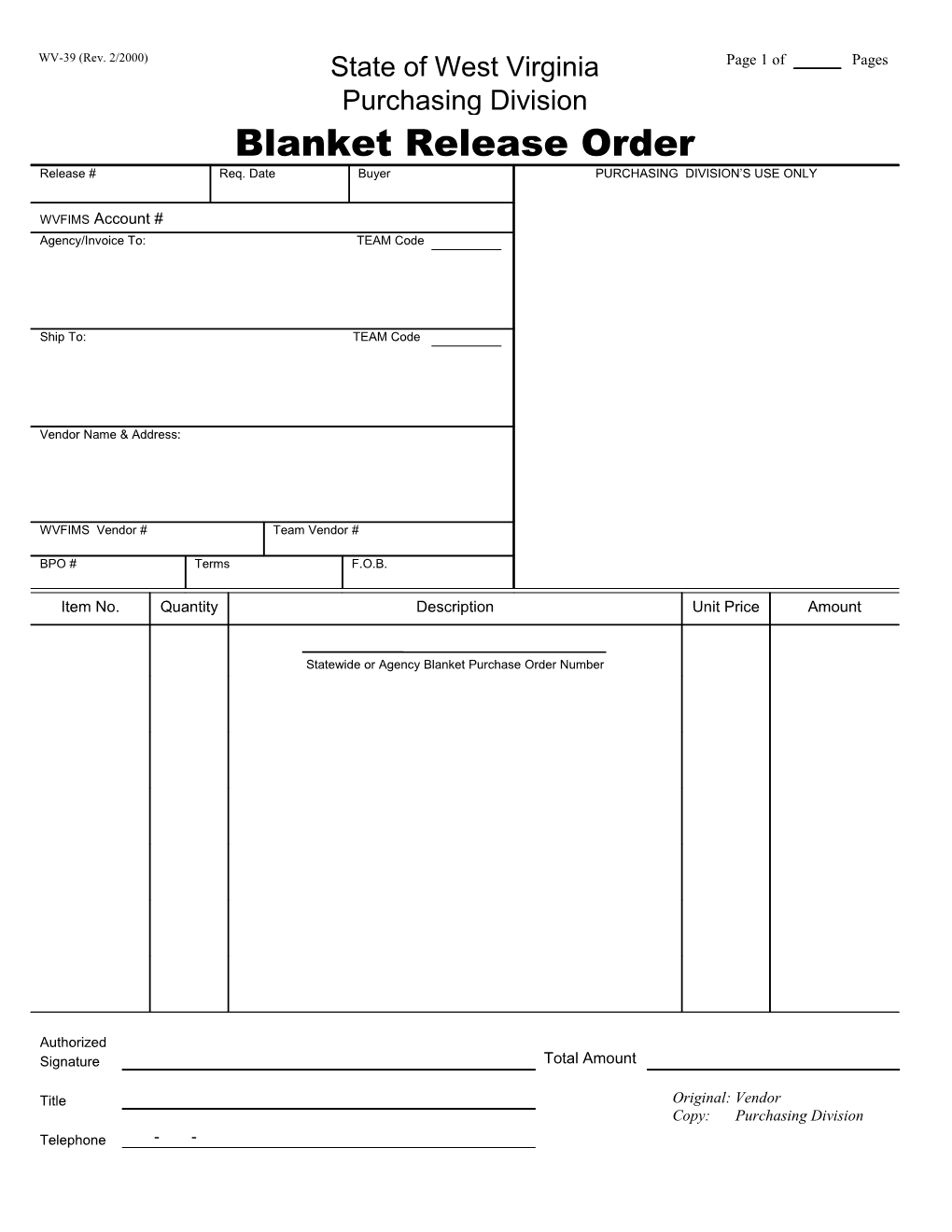 Blanket Release Order (Wv-39)